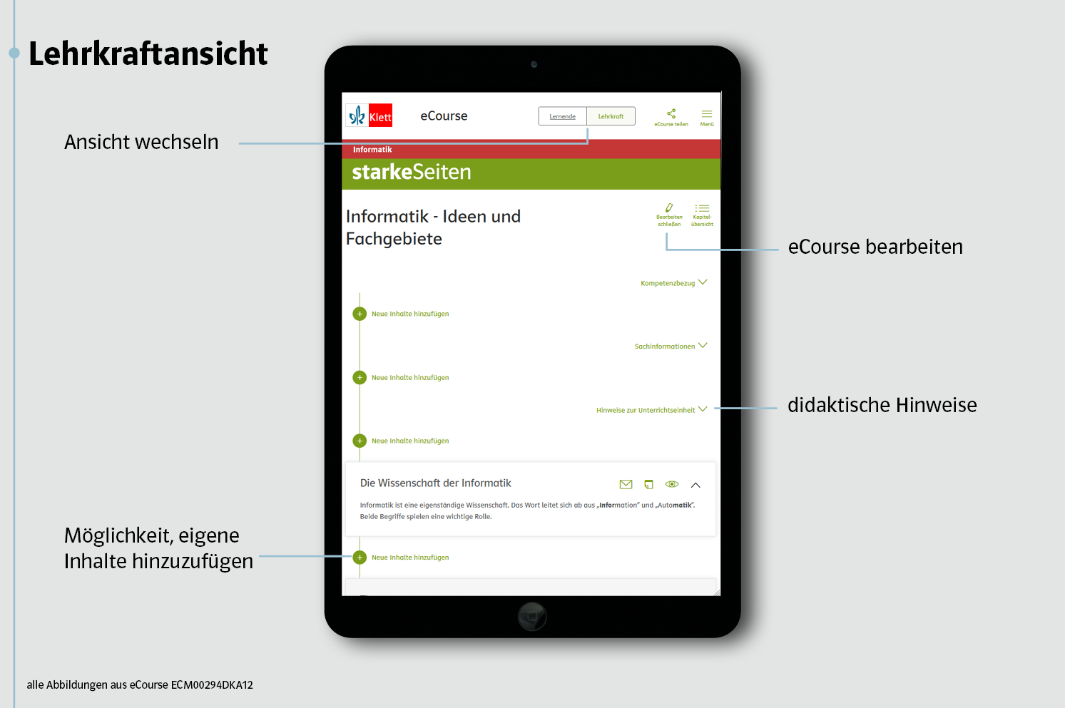 Beispielhafte Darstellung einer Seite mit der Lehrkraftansicht