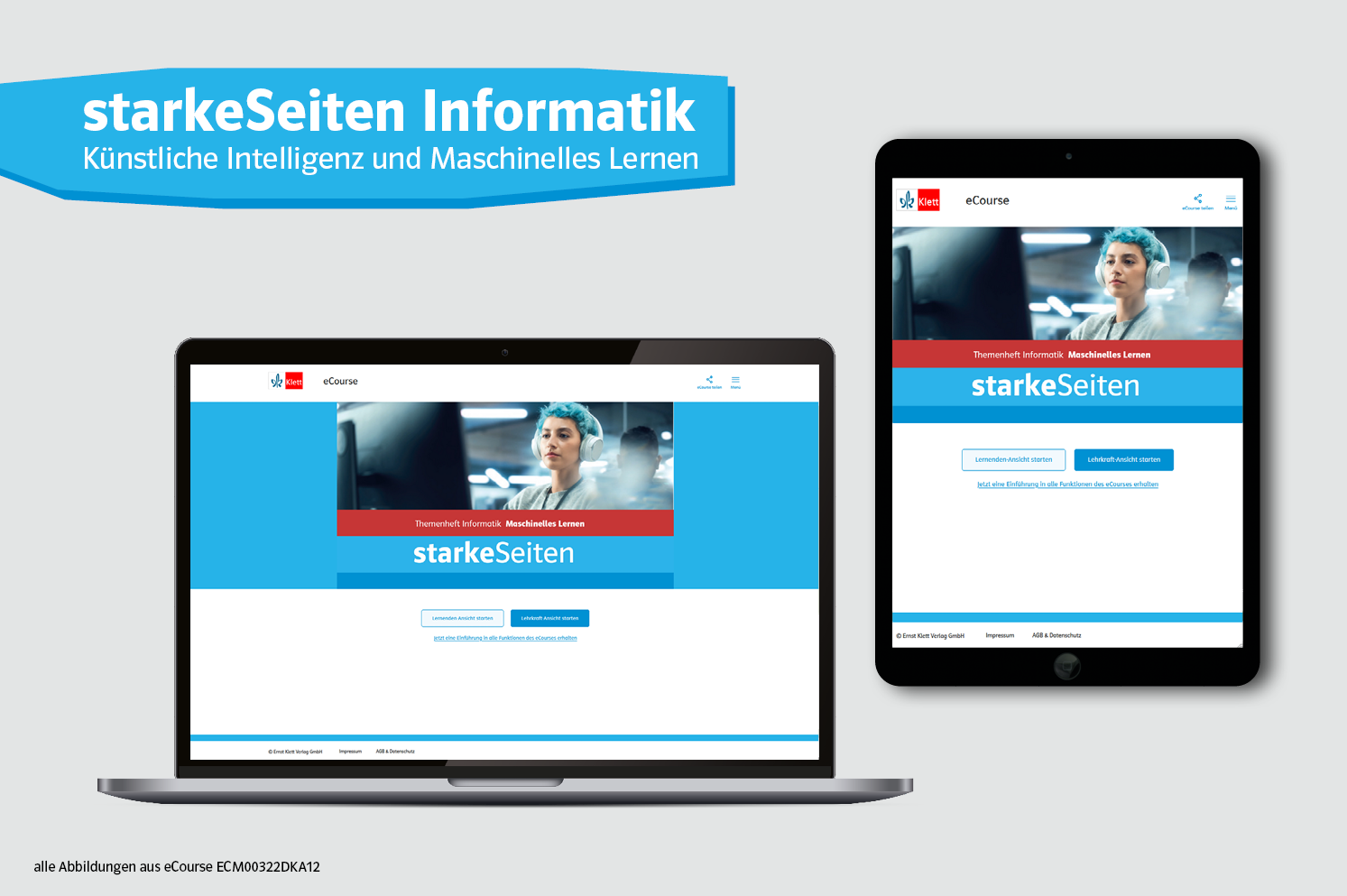 ein Notebook und ein Tablet auf denen die Startseite des eCourse starkeSeiten geöffnet ist