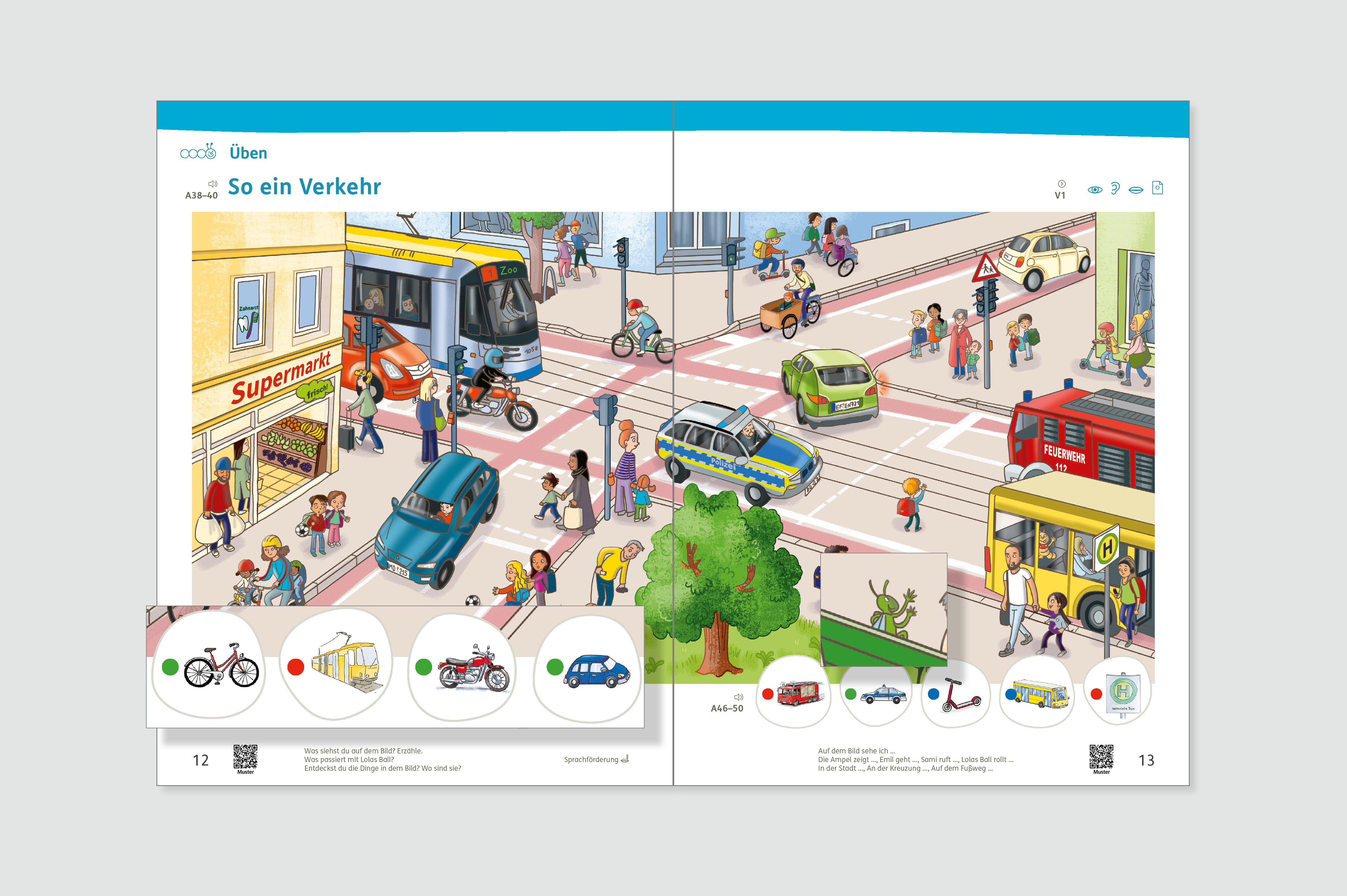 Farbenfrohes Wimmelbild als Kapiteleinstieg mit Grashüpfer- und Bücherwurm-Illustration
