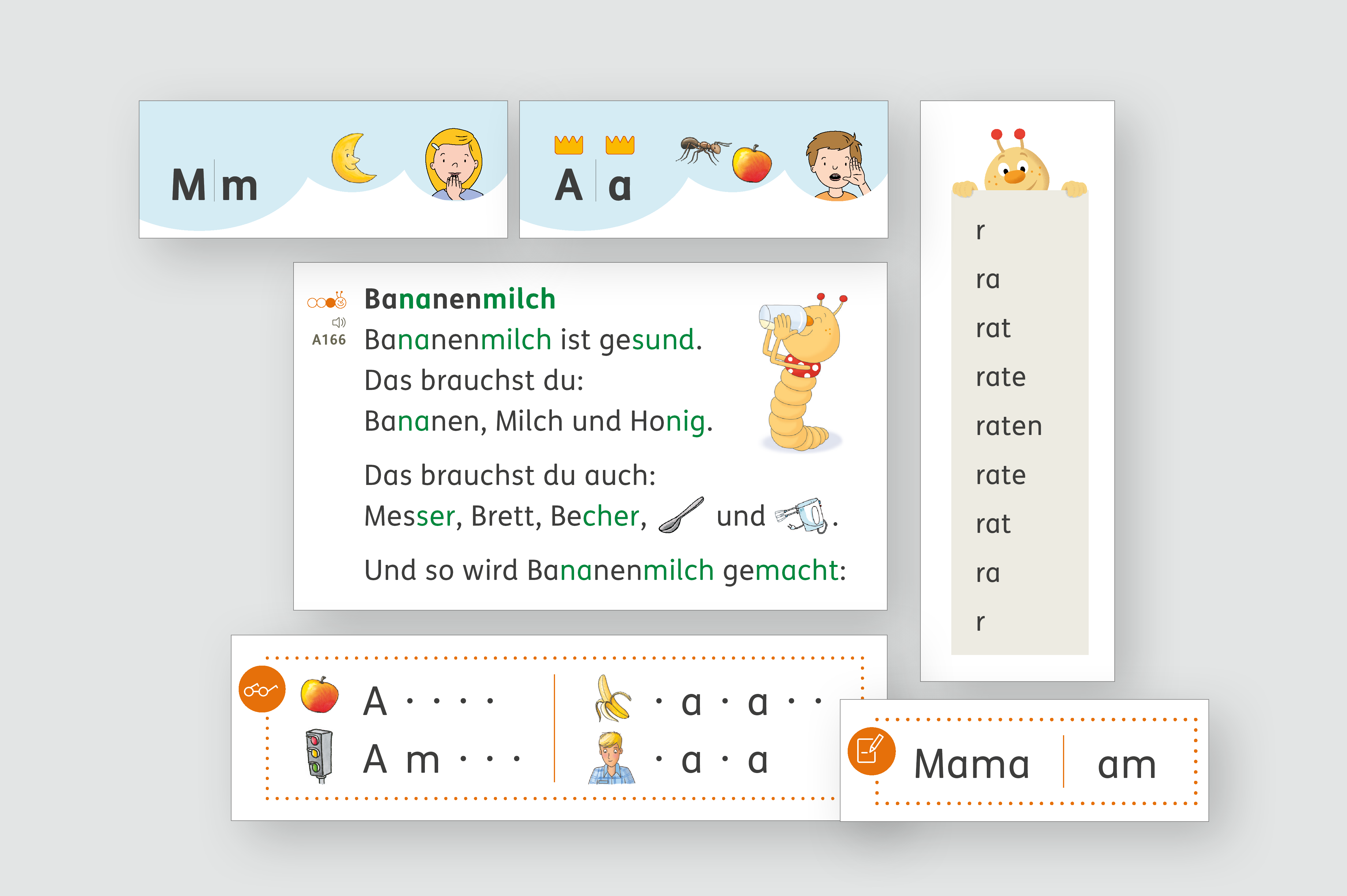 Darstellung von Lautgebärden, Wortabbaukästen und Silbenbögen zur methodischen Unterstützung