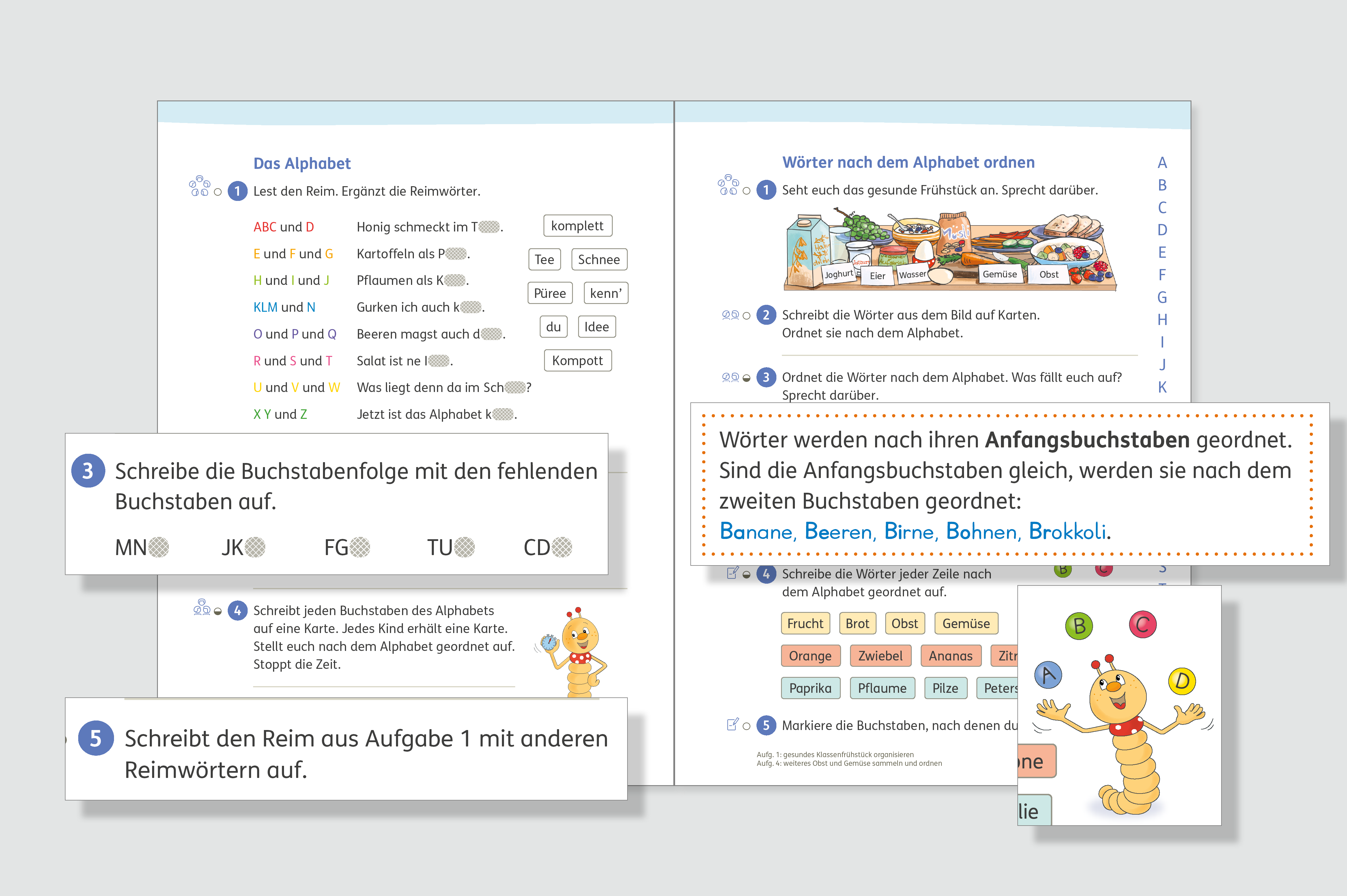 Inhaltsseite des Sprachbuchs zur Vermittlung von Kernkompetenzen mit Abbildungen der Bücherwurm-Leitfigur.