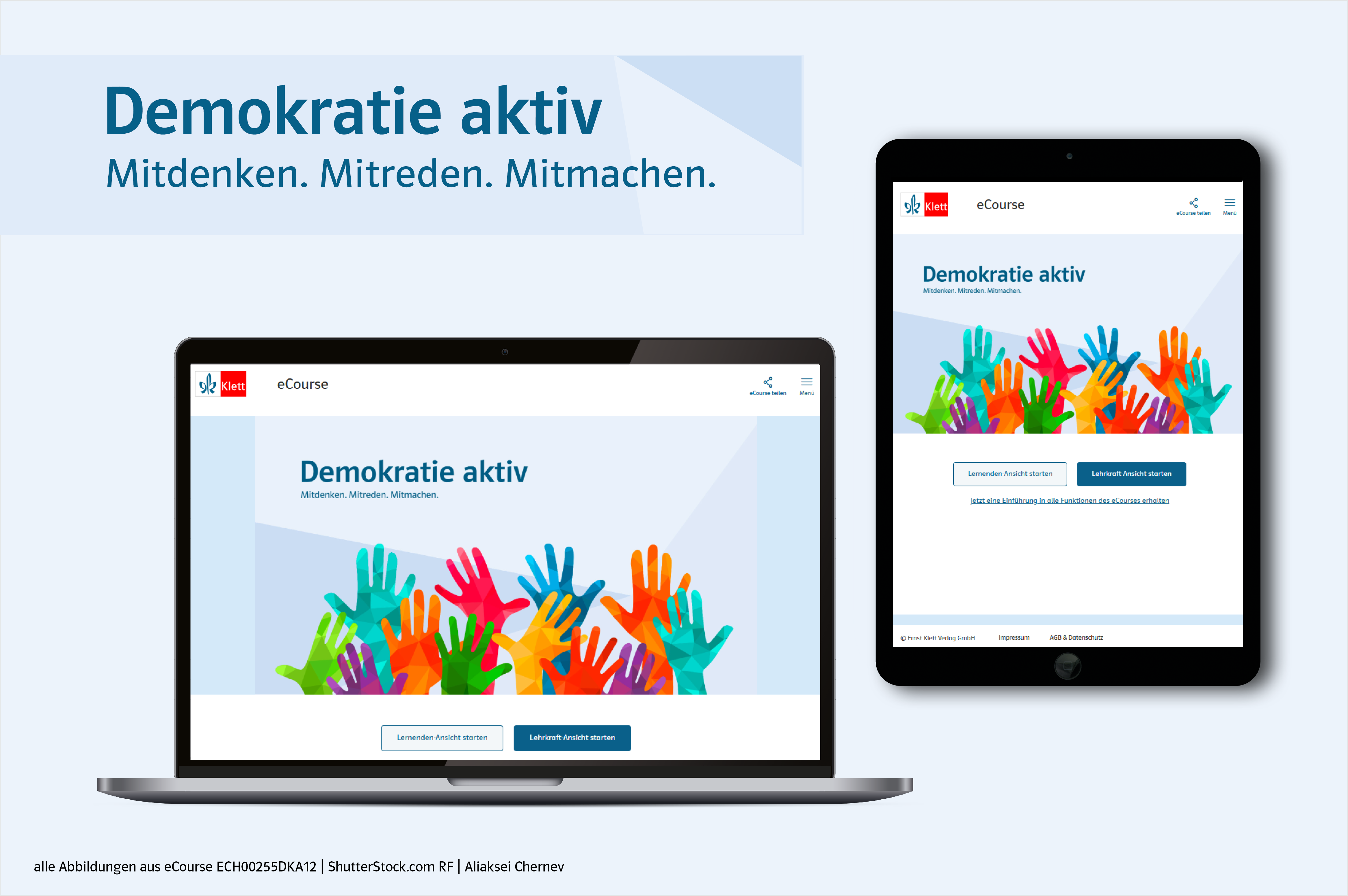 Visuelle Darstellung des Demokratie aktiv eCourse auf Notebook und Tablet