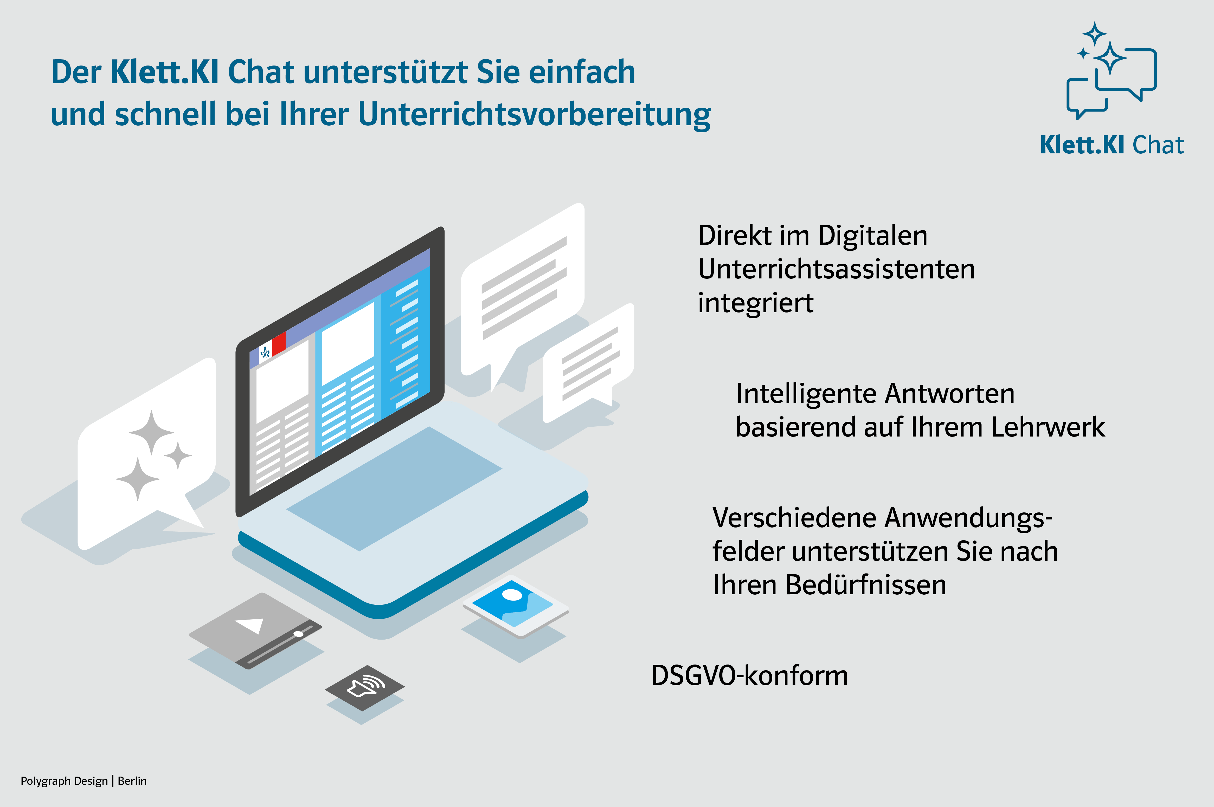 Benutzeroberfläche des Klett.KI Chats auf einem Notebook und einem Tablet zur digitalen Unterrichtsvorbereitung.
