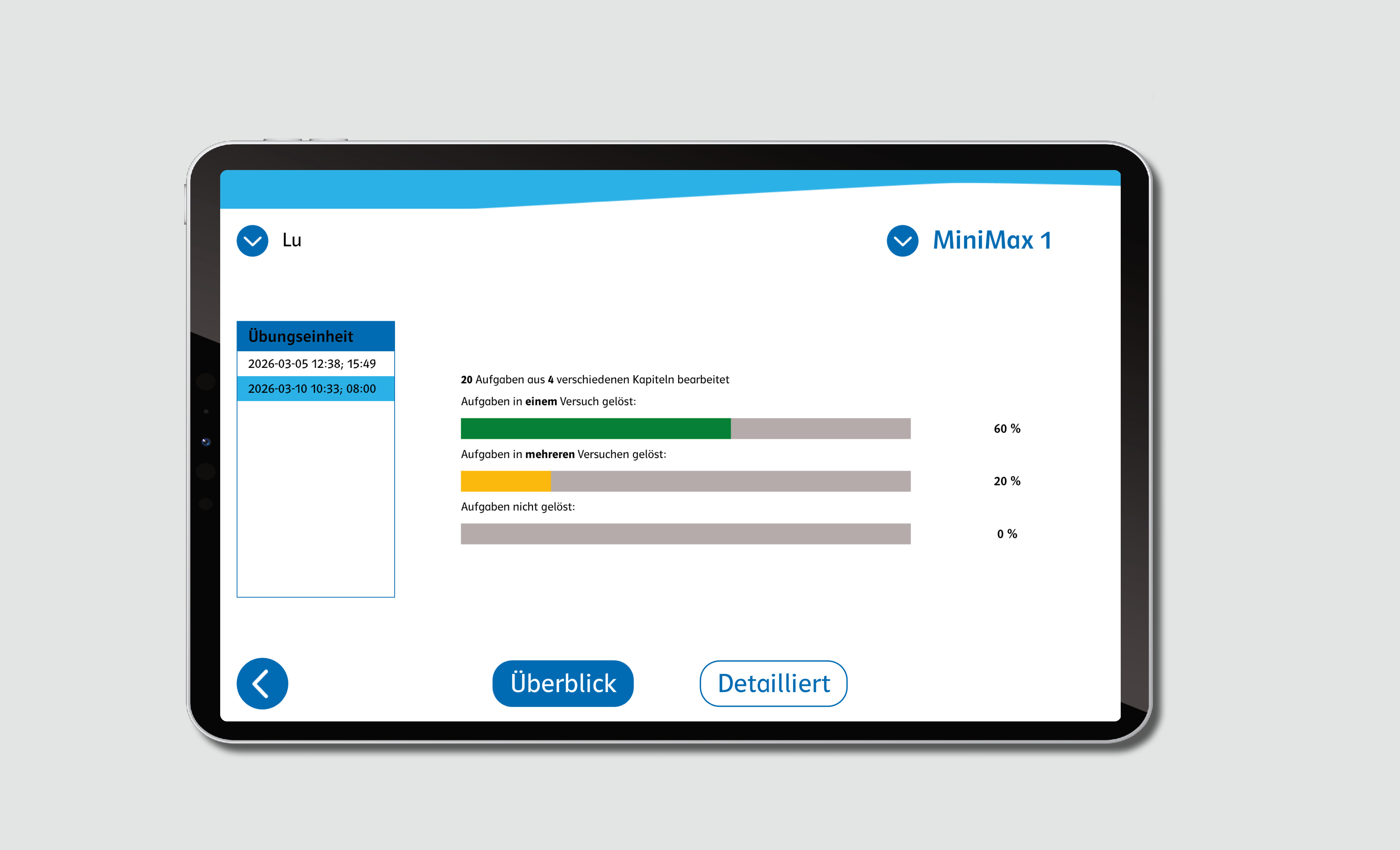 Statistik-Bereich zur Auswertung des Lernfortschritts für die einzelnen Themenbereiche