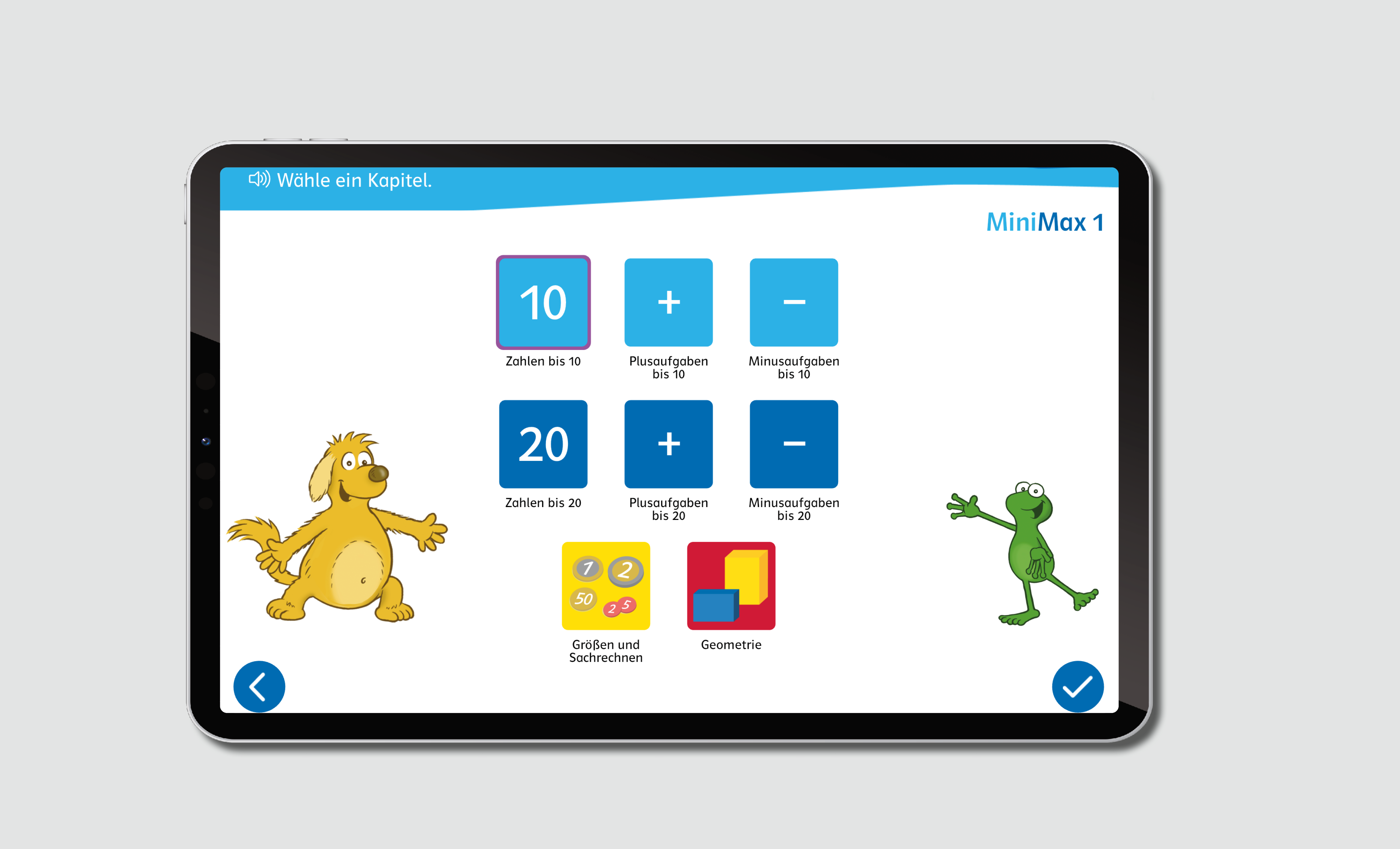 Themenübersicht der App mit Symbolen für Zahlen, Rechnen, Größen und Geometrie