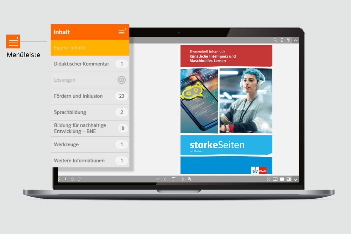 Beispielhafte Darstellung aus dem Digitalen Unterrichtsassistenten mit Einblendung der Menüleiste