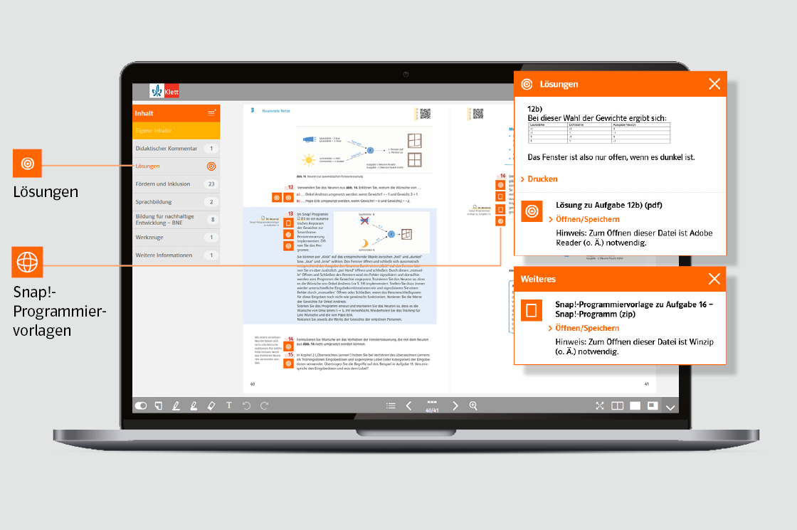 Beispielhafte Darstellung aus dem Digitalen Unterrichtsassistenten mit Einblendung von Mediendownloads