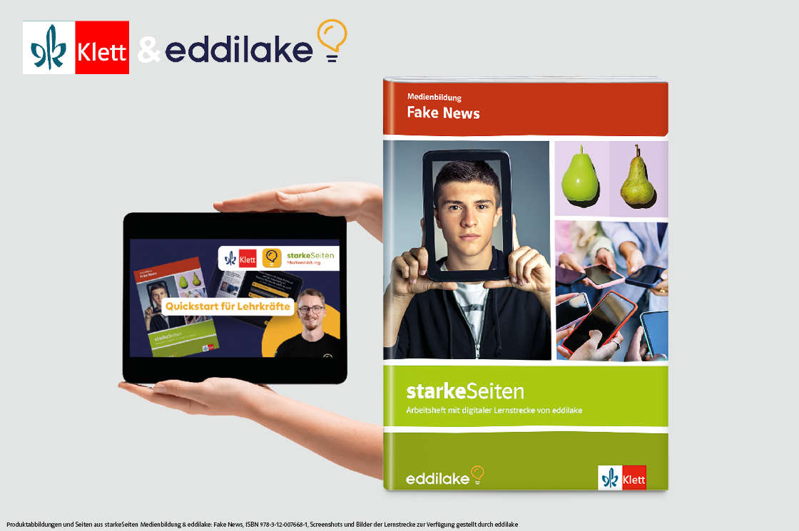 Abbildung der Startseite von Eddilake auf einem Tablet und Cover des Arbeitshefts